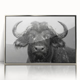 Framed wall art featuring a striking silver-acrylic design of a buffalo, showcasing intricate details and textures, perfect for wildlife enthusiasts and home decor.