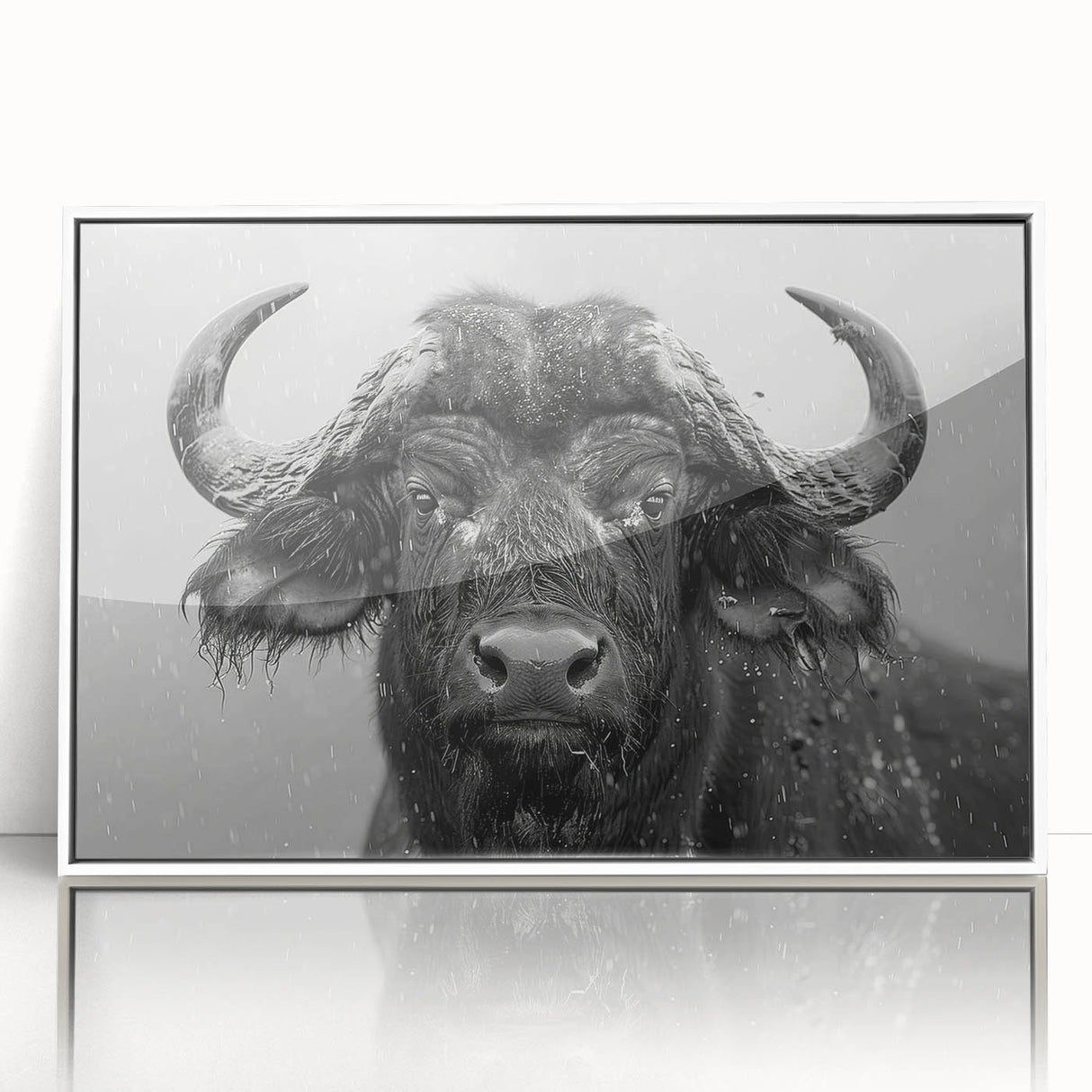 Framed acrylic wall art of a wild buffalo, showcasing intricate bison design in a white frame, perfect for wildlife enthusiasts and modern decor.