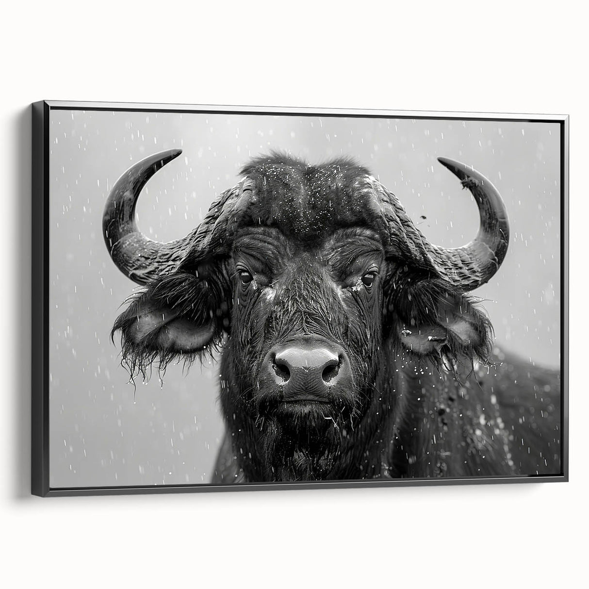 Framed canvas wall art featuring a striking black buffalo design from the A Bisson collection, showcasing intricate details and a modern aesthetic, ideal for wildlife enthusiasts.