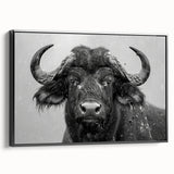 Framed canvas wall art featuring a striking black buffalo design from the A Bisson collection, showcasing intricate details and a modern aesthetic, ideal for wildlife enthusiasts.