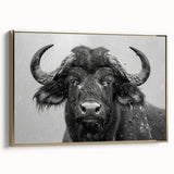 Framed canvas wall art featuring a majestic buffalo in a gold frame, showcasing intricate details and textures, perfect for wildlife enthusiasts and home decor.