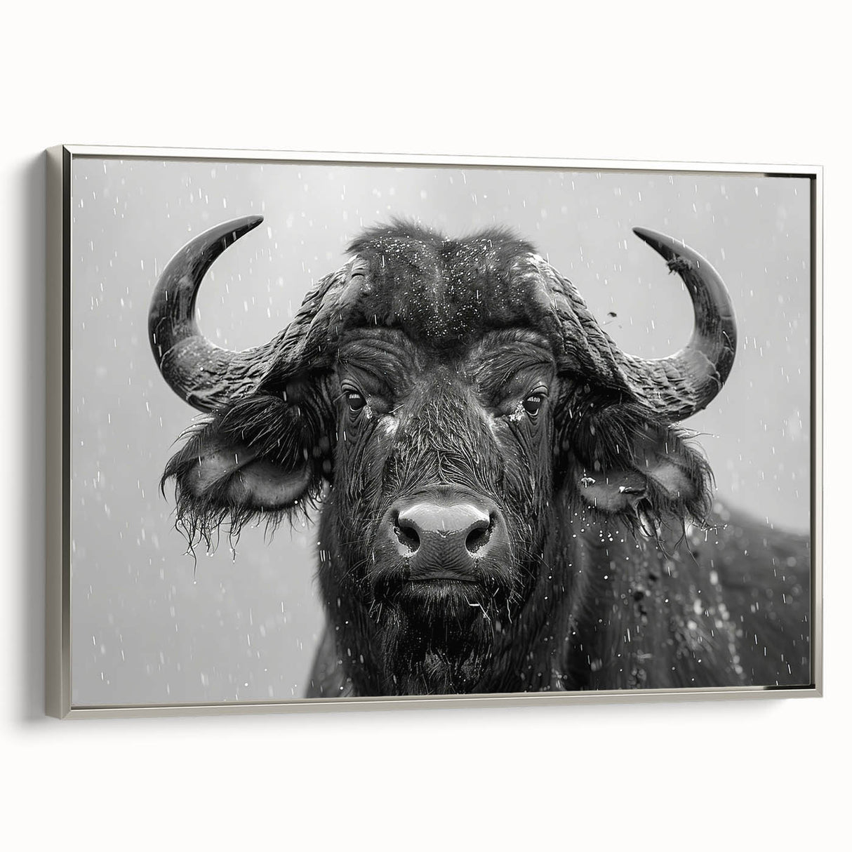 Framed canvas wall art featuring a side view of a majestic buffalo, showcasing intricate details and a silver frame, perfect for wildlife lovers and modern decor.