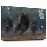 Side view of a modern acrylic glass wall art piece showcasing a striking buffalo design, featuring vibrant colors and detailed textures, ideal for wildlife enthusiasts.