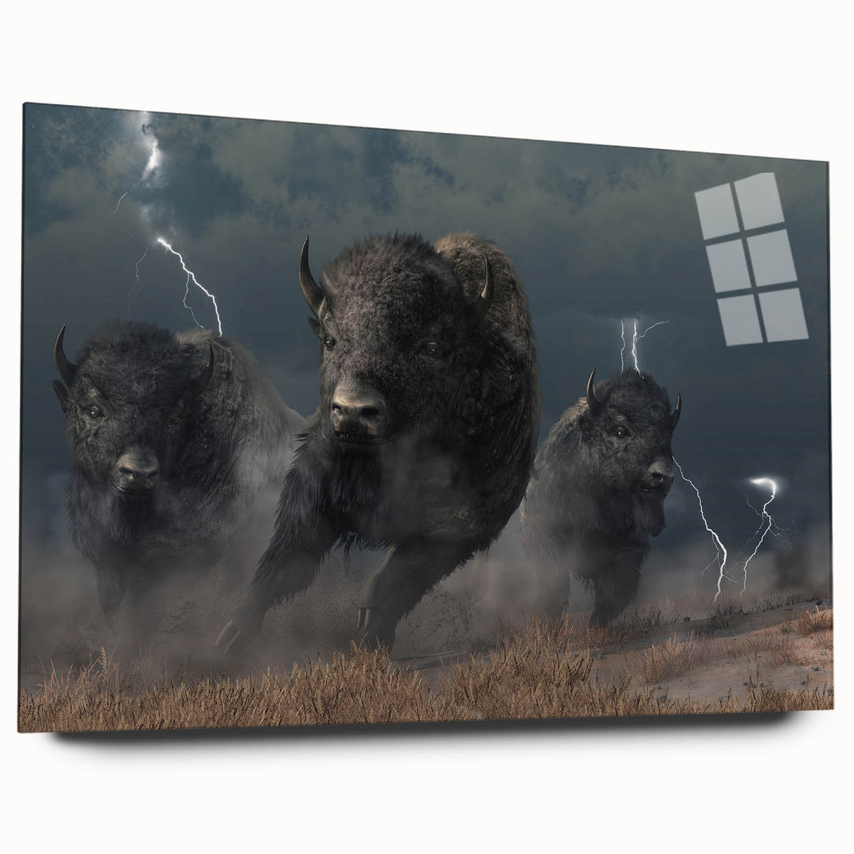 Side view of a stunning acrylic glass wall art featuring a wild buffalo design, showcasing vibrant colors and intricate details, perfect for nature enthusiasts.
