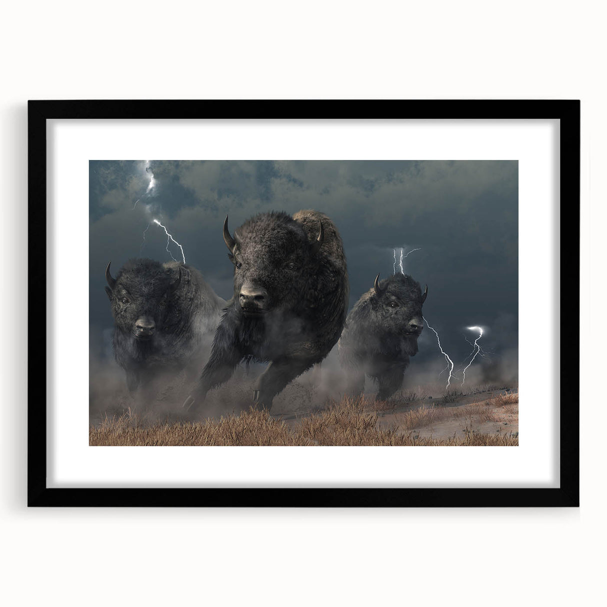 Framed wall art featuring a striking design of a buffalo, showcasing intricate details and a black matte finish, ideal for wildlife enthusiasts and home decor.