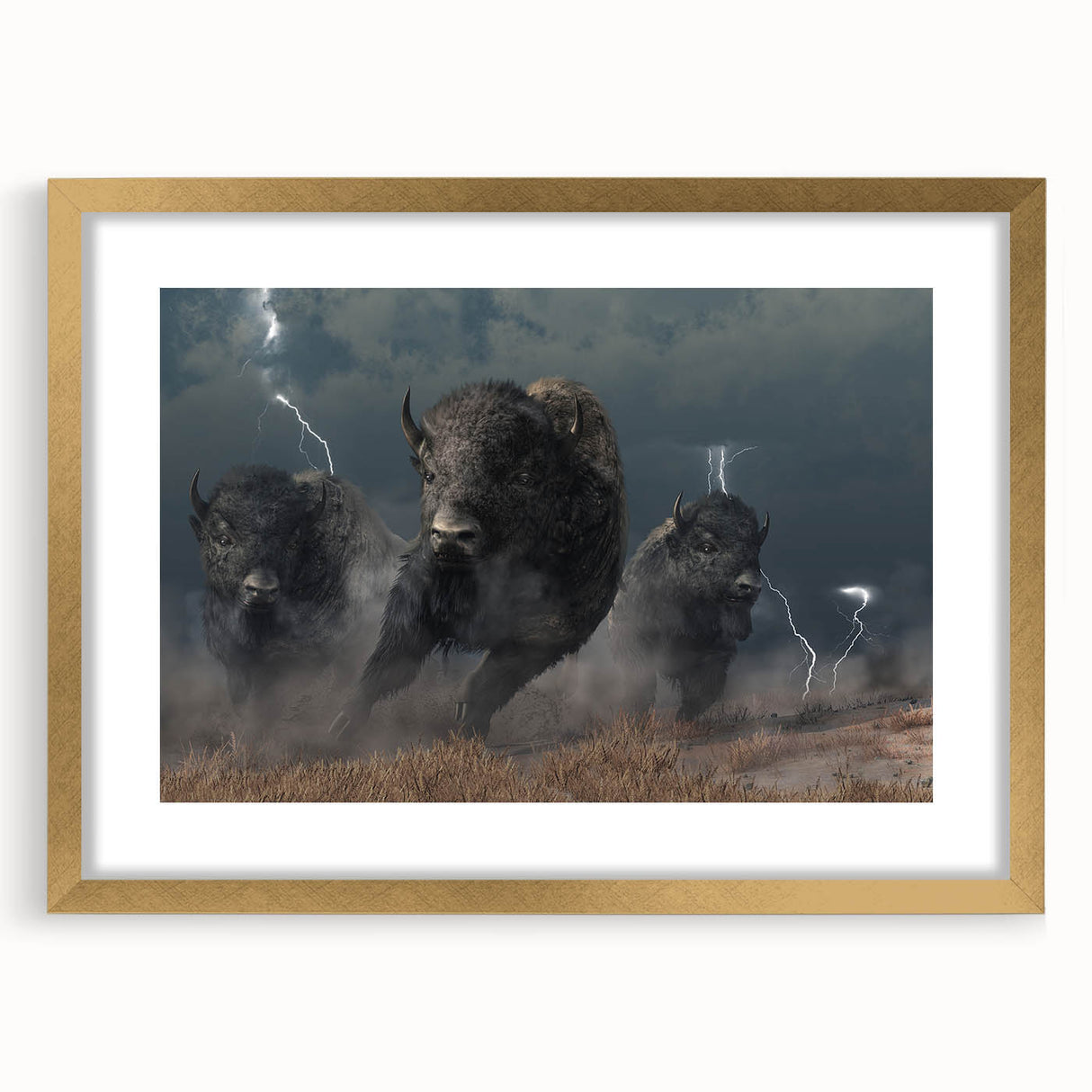 Framed wall art featuring a striking design of a buffalo, showcasing intricate details and a gold mat. Perfect for wildlife enthusiasts, this piece adds elegance to any decor.