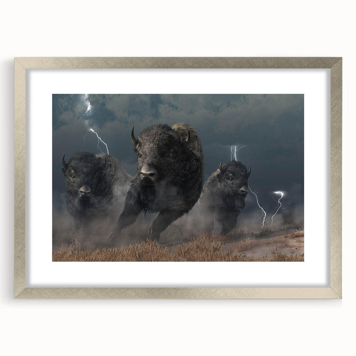 Framed wall art featuring a majestic buffalo design in silver frame, perfect for wildlife enthusiasts, showcasing intricate details and vibrant colors in a contemporary decor style.