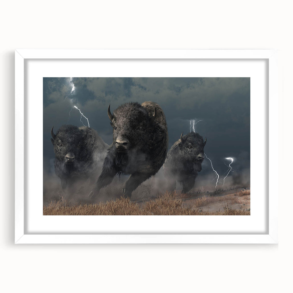 Framed wall art showcasing a striking buffalo design from the "A Wild Life" collection, featuring a white mat and sleek frame, perfect for nature lovers.