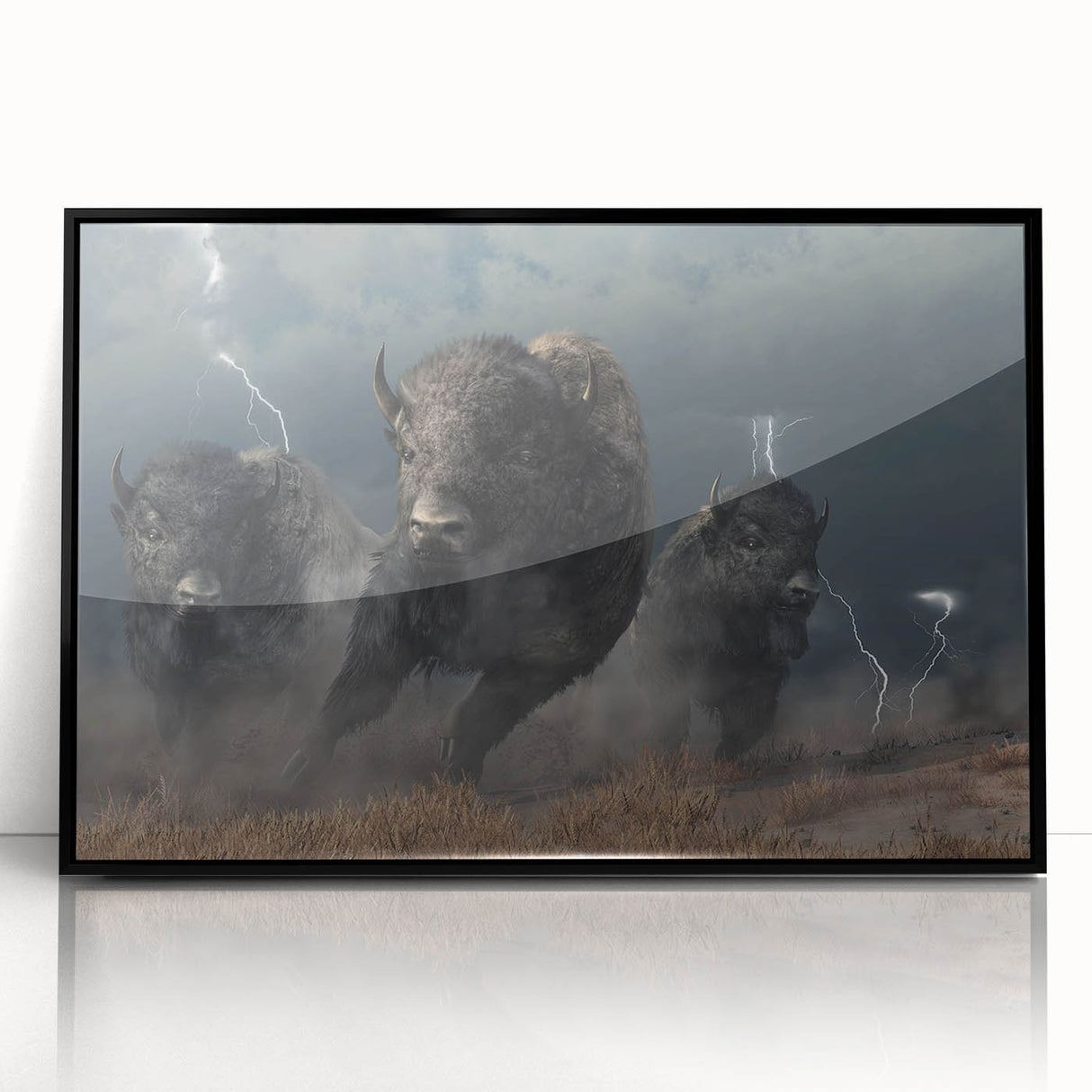 Framed wall art featuring a striking black and white design of a buffalo, showcasing intricate details and textures, perfect for wildlife enthusiasts and modern decor.