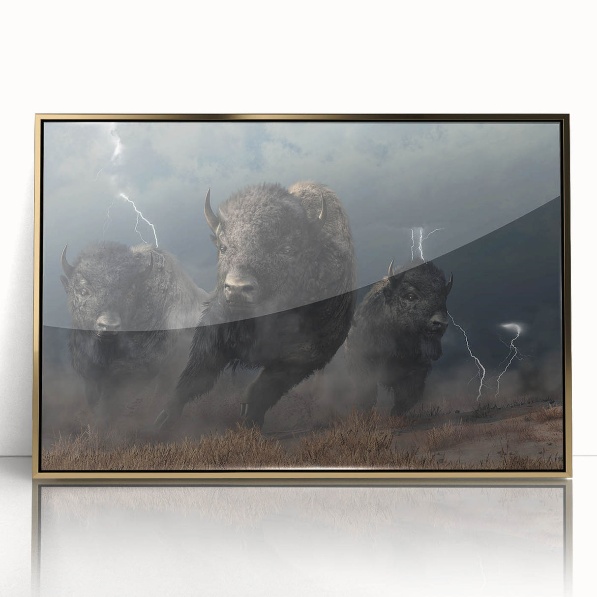 Framed wall art featuring a striking buffalo design in a gold-acrylic finish, showcasing the majestic animal's profile against a vibrant backdrop, perfect for wildlife enthusiasts.