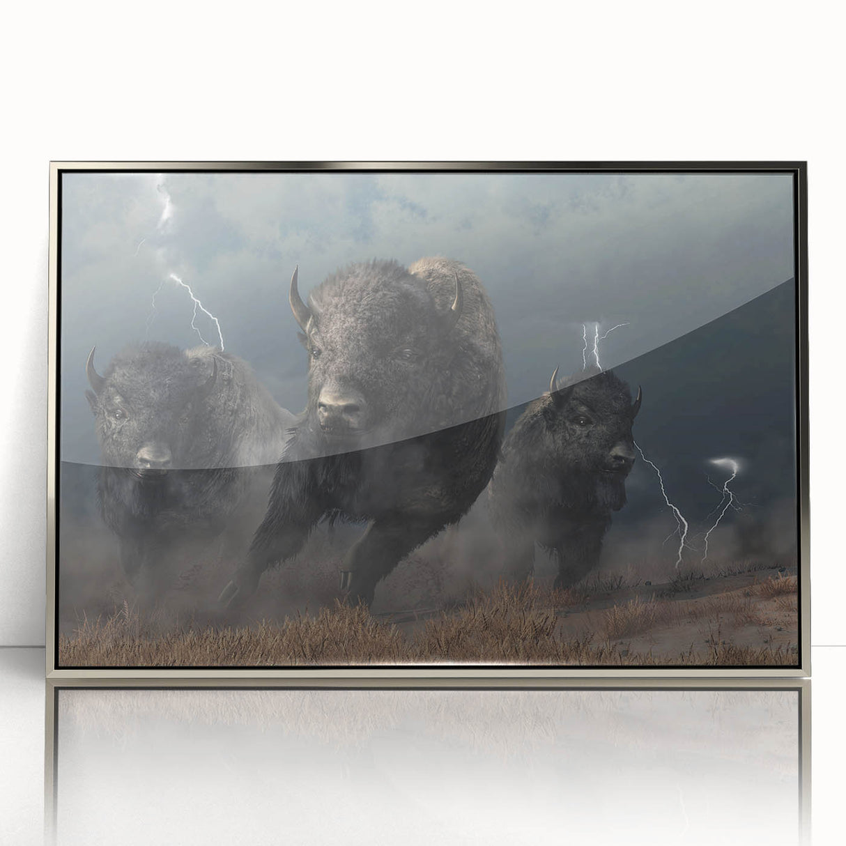Framed wall art featuring a striking silver-accented buffalo design, showcasing intricate details and vibrant colors, perfect for wildlife enthusiasts and home decor.