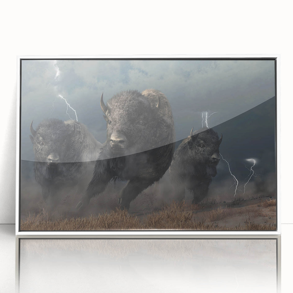 Framed wall art showcasing a striking buffalo design from the Wildlife Collection, featuring a sleek white frame and vivid colors, perfect for animal lovers' decor.