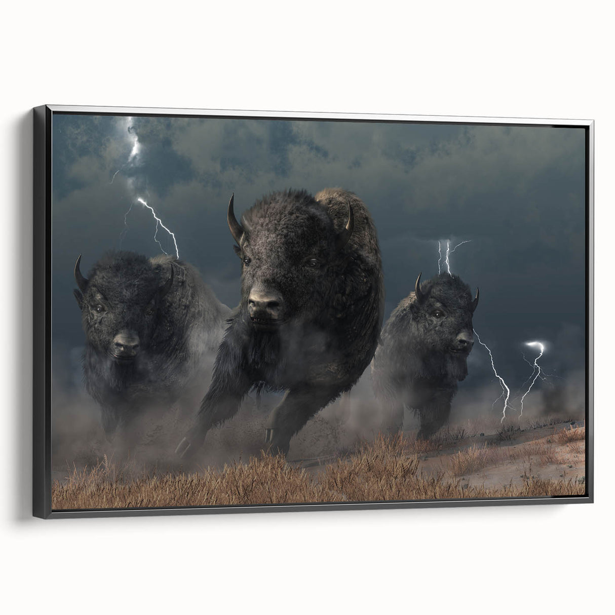 Framed canvas wall art showcasing a black side view of a majestic buffalo, part of the 'A Bisson Design' collection, perfect for wildlife enthusiasts and modern decor.