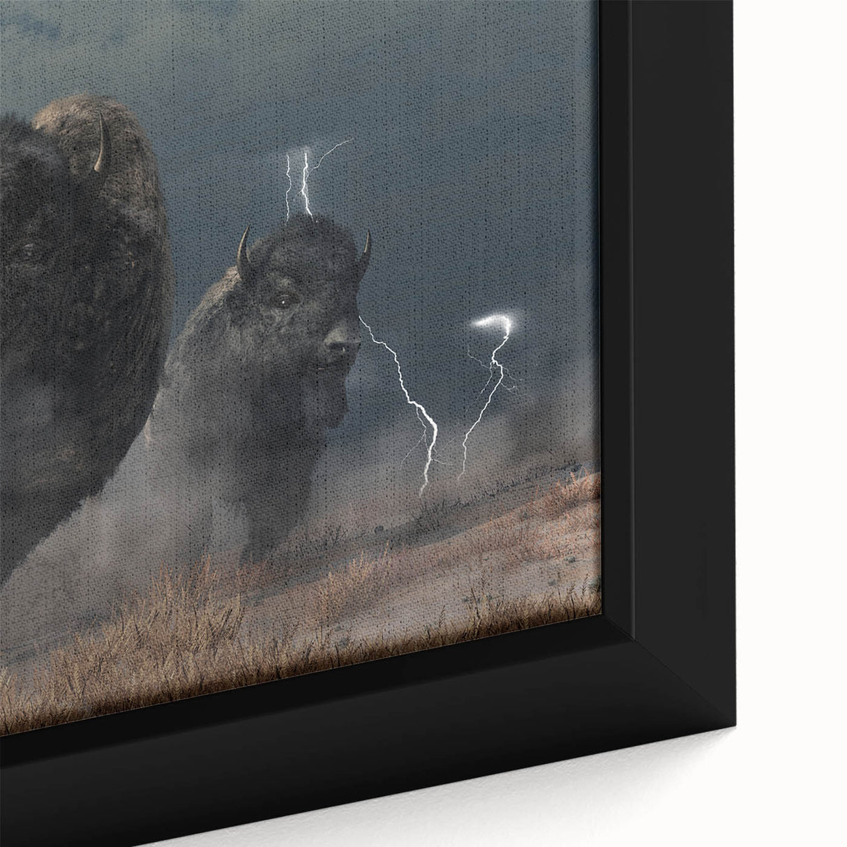 Close-up of a framed canvas wall art piece depicting a majestic buffalo in a natural setting, showcasing intricate details and vibrant colors for wildlife enthusiasts.