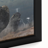 Close-up of a framed canvas wall art piece depicting a majestic buffalo in a natural setting, showcasing intricate details and vibrant colors for wildlife enthusiasts.
