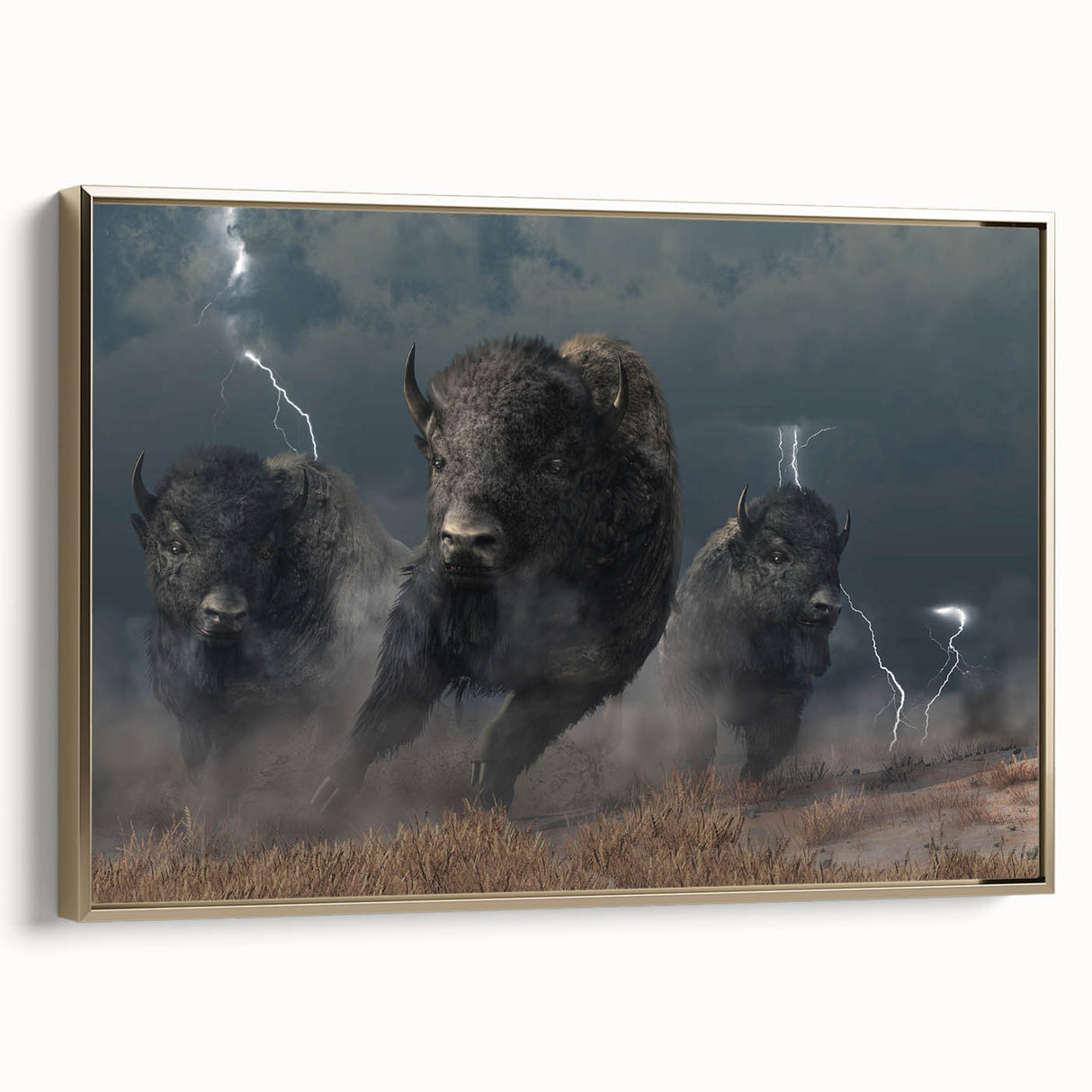 Framed canvas wall art showcasing a side view of a majestic buffalo, designed with intricate detail and rich colors, perfect for wildlife enthusiasts and home decor.
