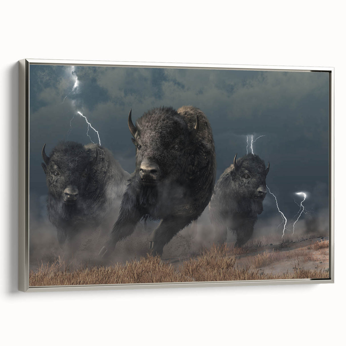 Framed canvas wall art depicting a majestic buffalo in a natural setting, showcasing intricate details and vibrant colors, perfect for wildlife enthusiasts and home decor.
