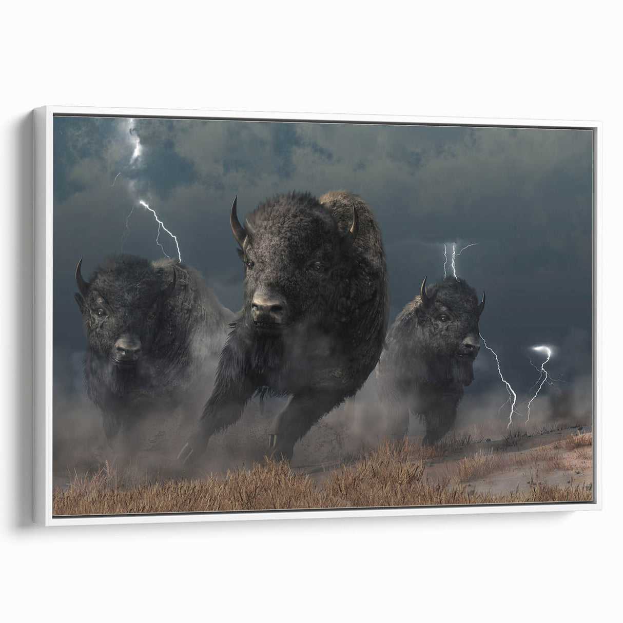 Framed canvas wall art featuring a side view of a bison, showcasing its detailed fur and majestic stance against a white background, perfect for wildlife enthusiasts.