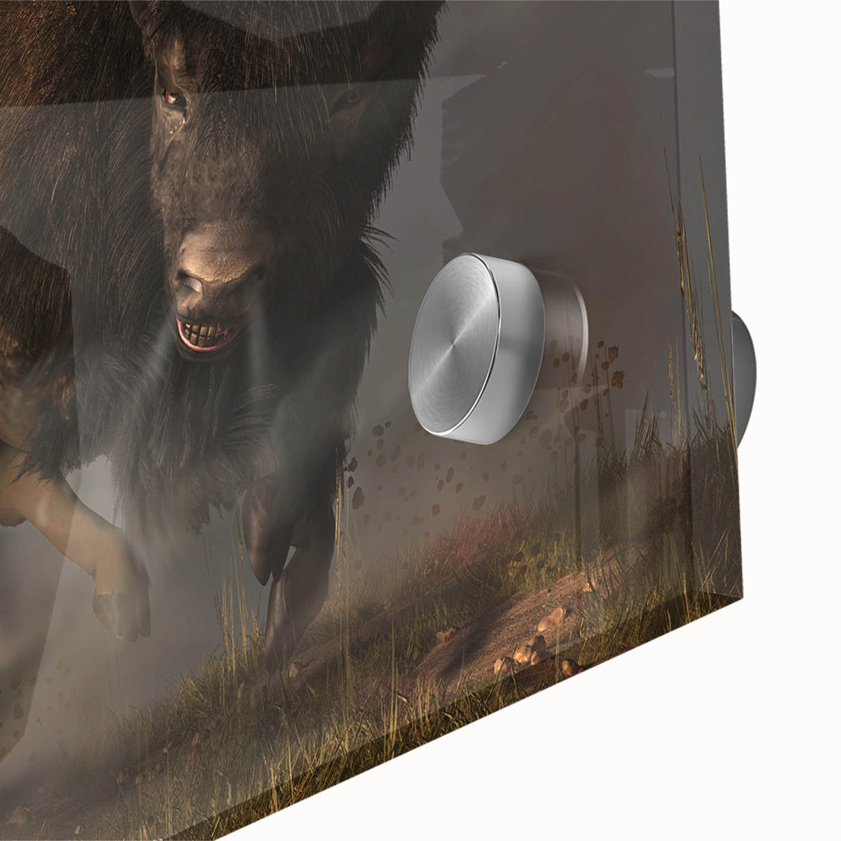 Close-up of a vibrant acrylic glass wall art piece featuring a majestic buffalo, showcasing intricate details and textures, perfect for wildlife enthusiasts and home decor.