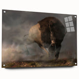 Side view of a buffalo wall art piece from the A Bisson Design collection, showcasing vibrant colors and intricate details, mounted with decorative pins.