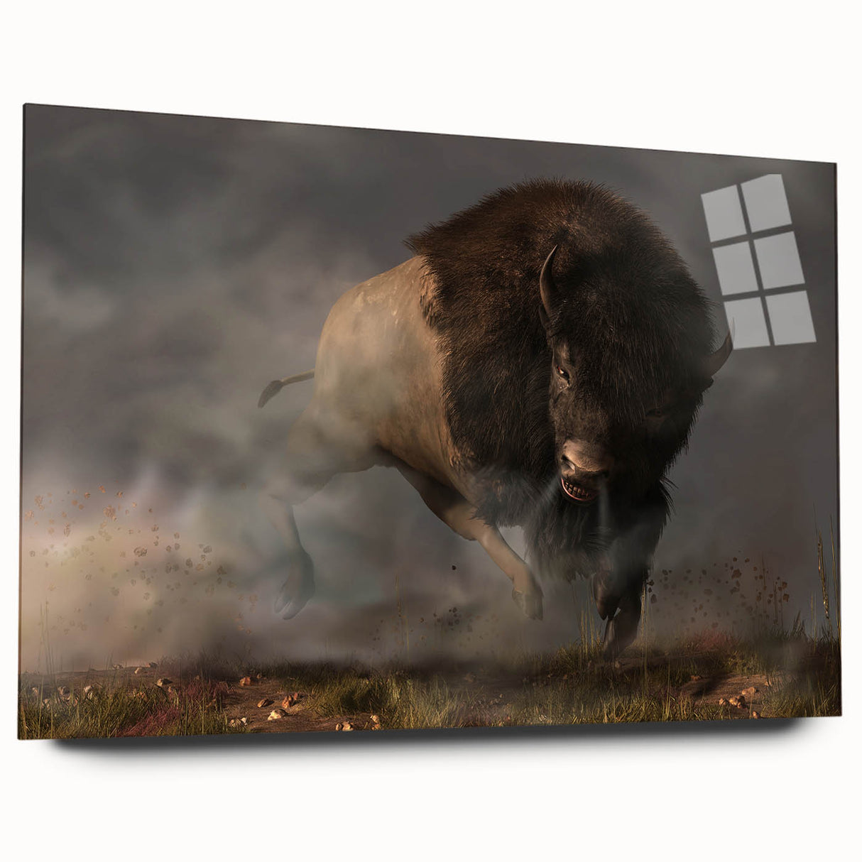 Side view of a framed acrylic wall art piece showcasing a detailed design of a buffalo, featuring vibrant colors and intricate textures, ideal for wildlife decor.