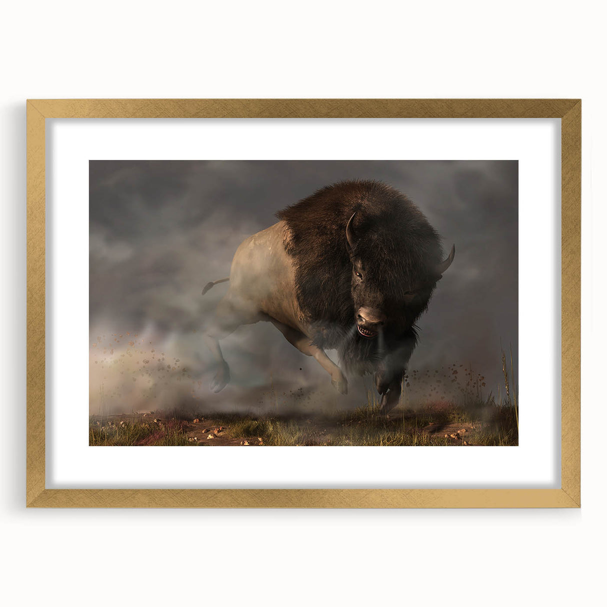 Framed wall art featuring a stunning bison design from the "Animals: A Wild Life" collection, showcasing intricate details and a gold mat, perfect for wildlife enthusiasts.
