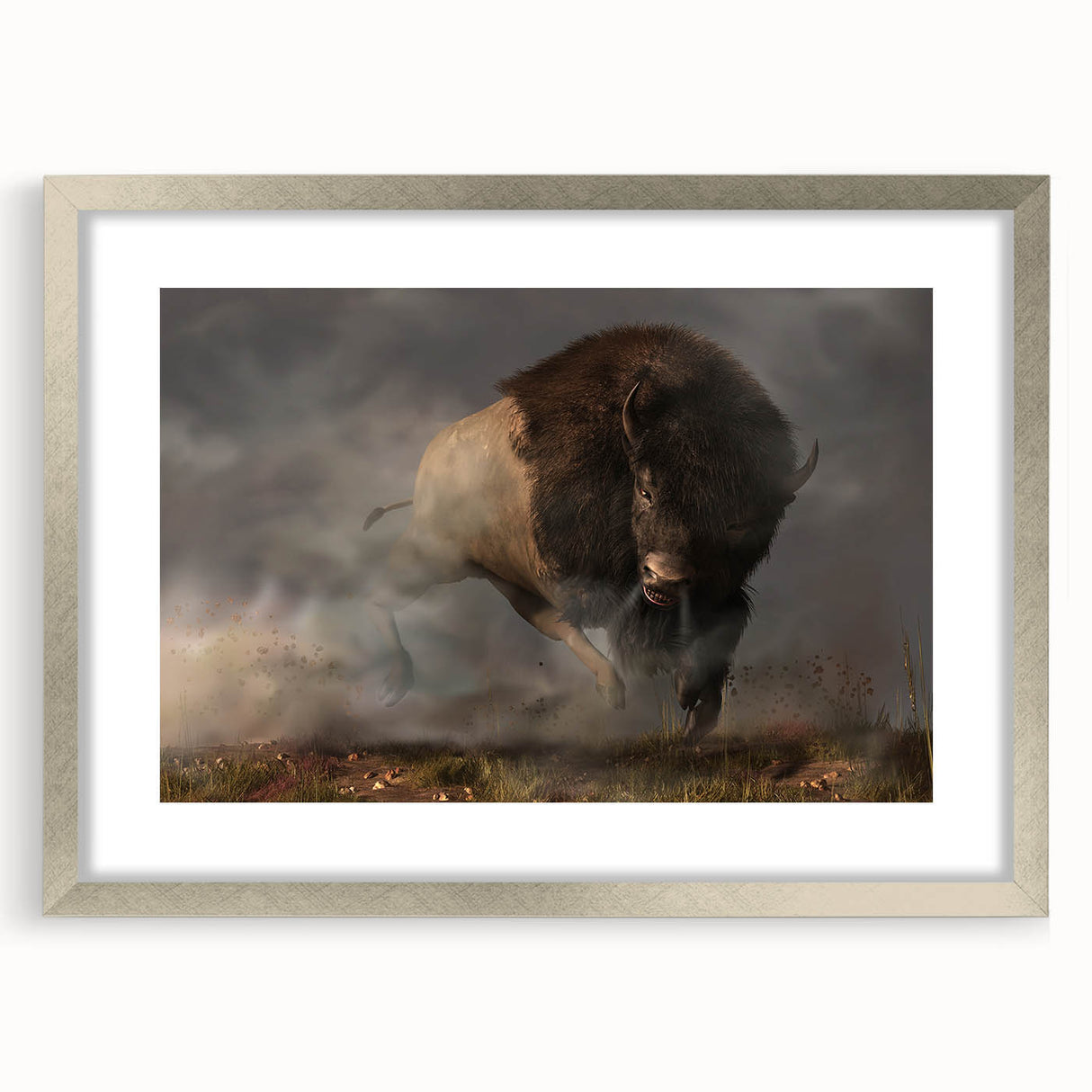Framed wall art featuring a striking design of a bison, showcasing intricate details and a silver mat, perfect for enhancing rustic home decor.