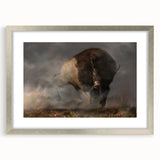 Framed wall art featuring a striking design of a bison, showcasing intricate details and a silver mat, perfect for enhancing rustic home decor.
