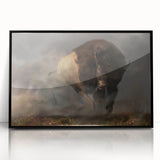 Framed wall art showcasing a stunning black and white design of a buffalo, highlighting intricate details and textures, perfect for wildlife enthusiasts' decor.
