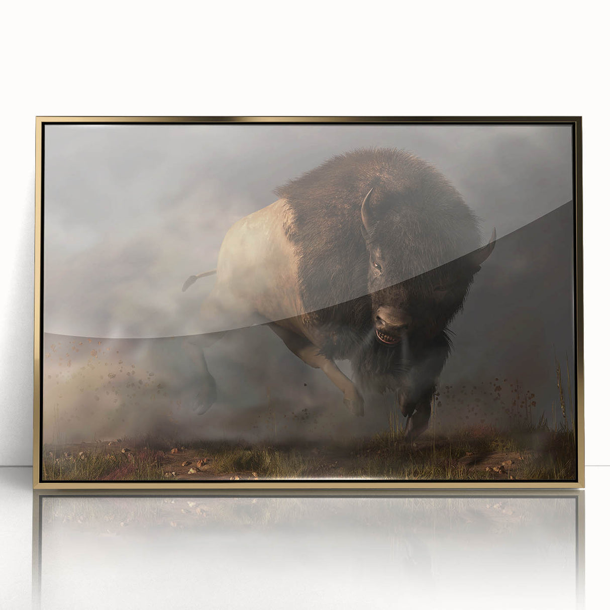 Framed wall art featuring a detailed illustration of a buffalo, showcasing intricate textures and gold accents, perfect for wildlife-themed decor in modern interiors.