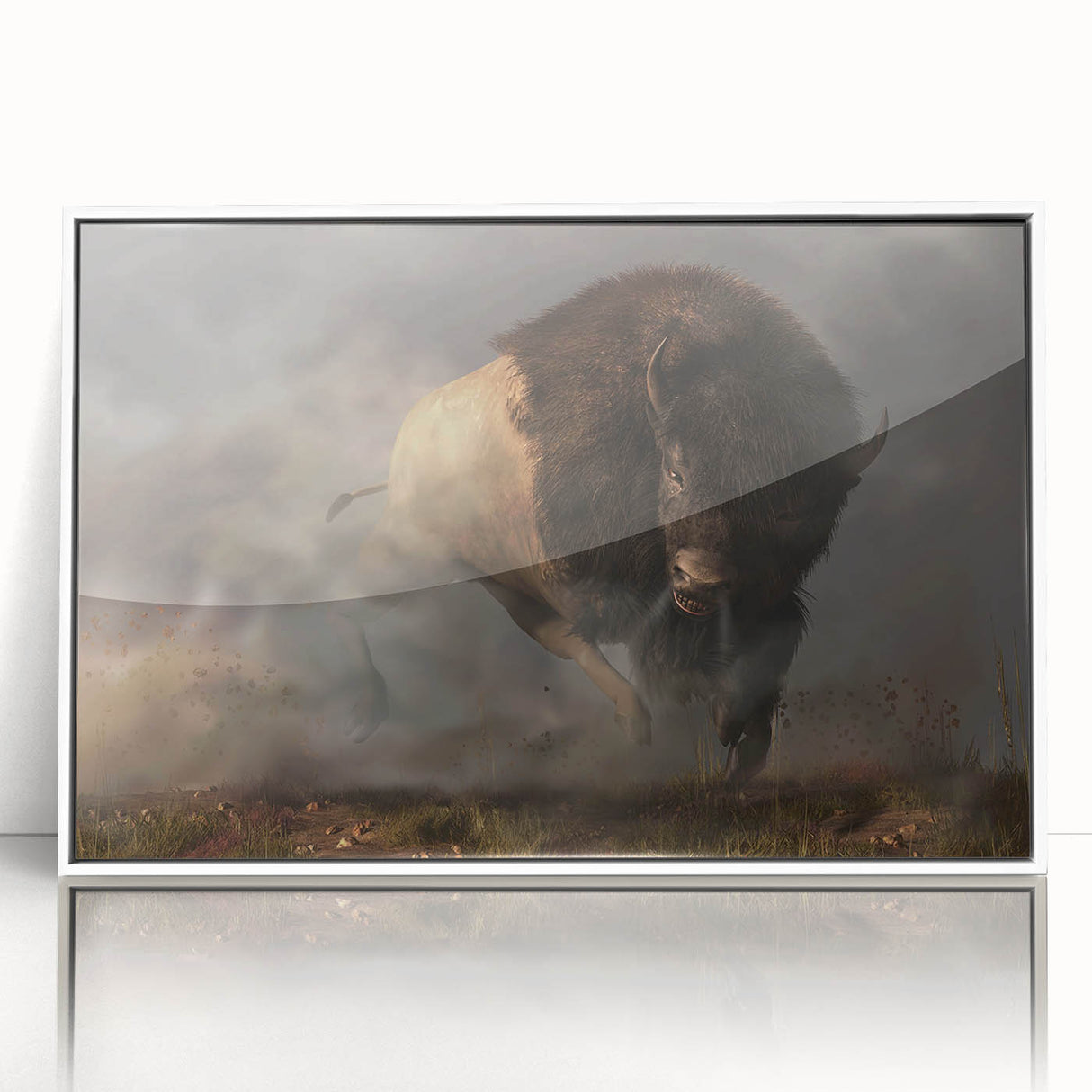 Framed wall art featuring a close-up view of a bison design, showcasing intricate details and a striking white frame, perfect for wildlife enthusiasts and modern decor.