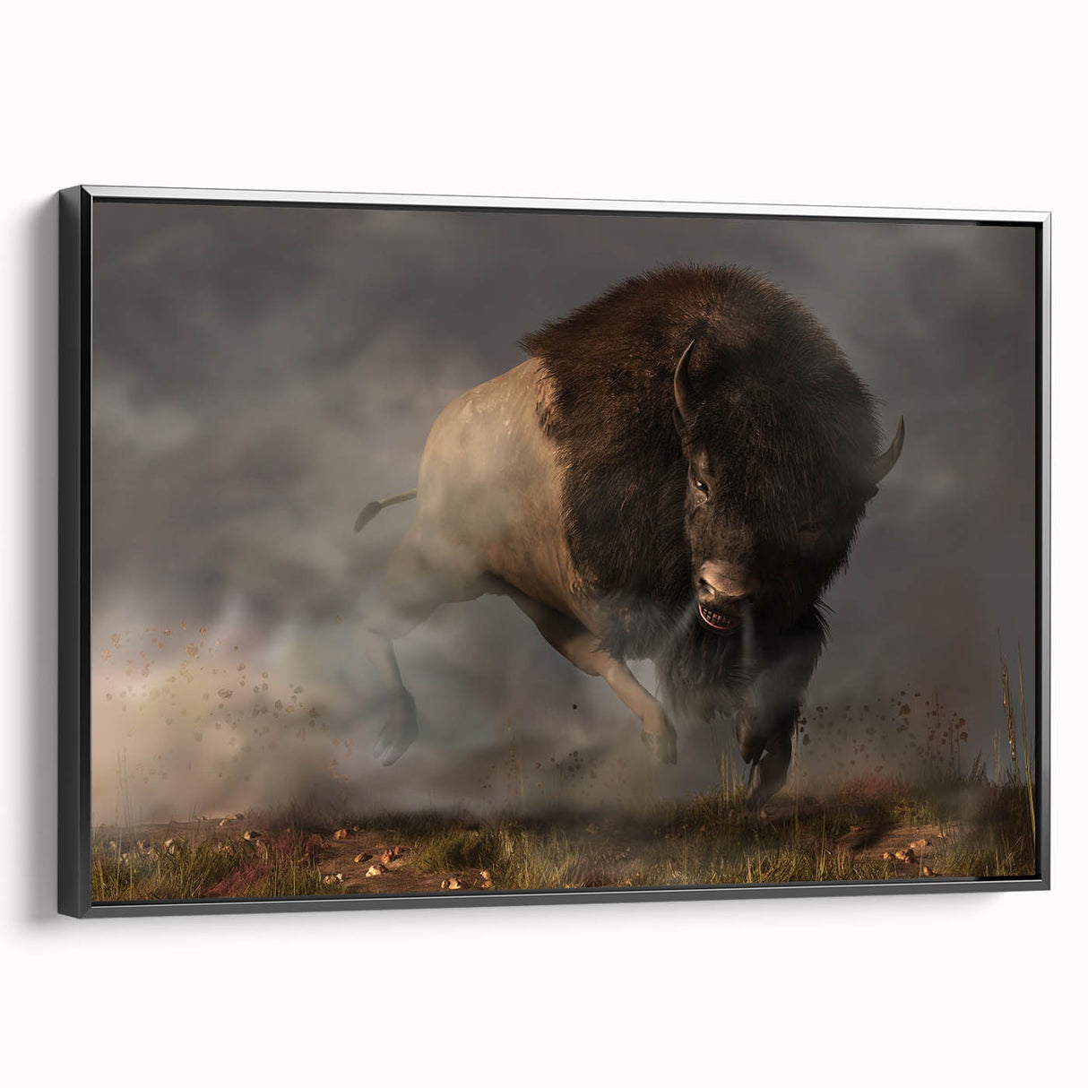 Framed canvas wall art featuring a striking black buffalo design from the "A Bison Design 33" collection, showcasing detailed textures and vibrant colors against a sleek background, ideal for wildlife enthusiasts and modern decor.