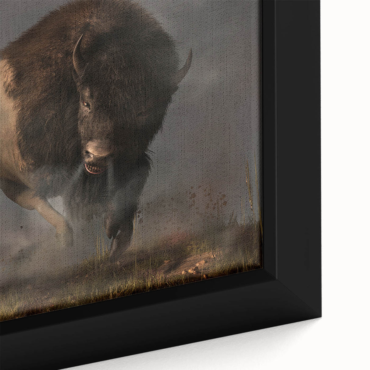 Close-up of a framed canvas wall art piece featuring a detailed illustration of a bison in a natural setting, showcasing rich colors and textures ideal for wildlife enthusiasts.