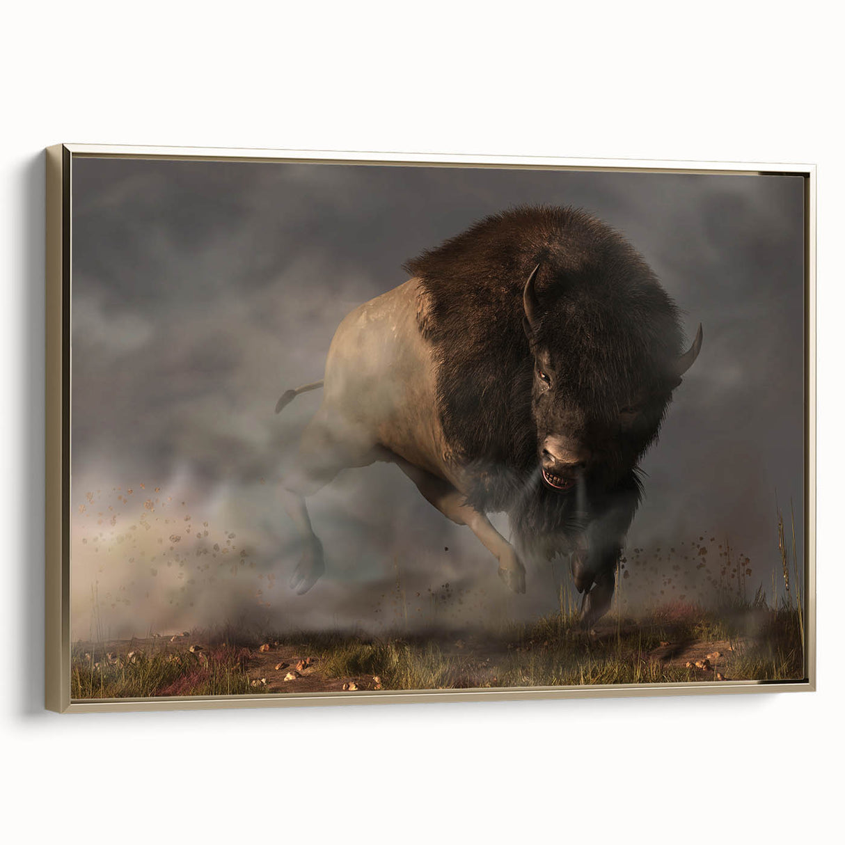Framed canvas wall art featuring a majestic buffalo in a side view, showcasing intricate detail and gold accents, perfect for wildlife enthusiasts and home decor.