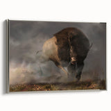 Framed wall art depicting a majestic silver buffalo in profile, showcasing intricate details and textures, perfect for nature-inspired home decor.
