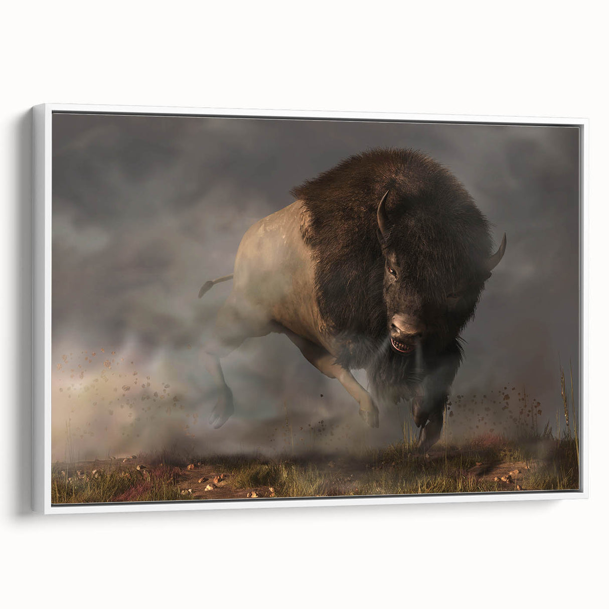 Framed wall art showcasing a majestic buffalo design in a side view, featuring vibrant colors and intricate details, perfect for wildlife enthusiasts and home decor.