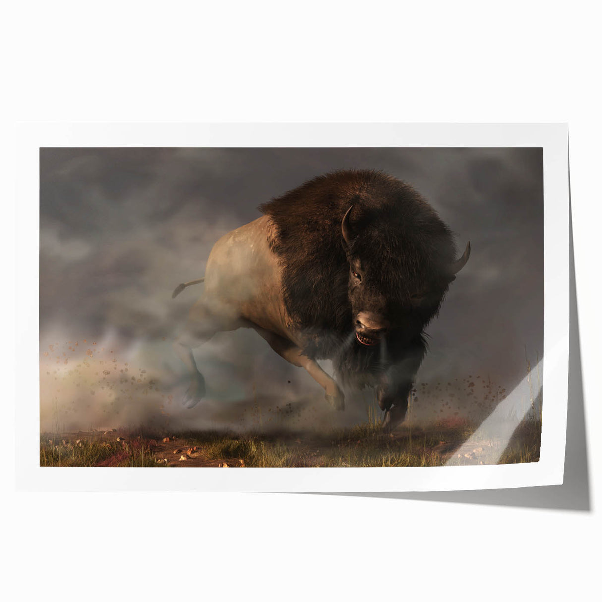 Vibrant wall art print depicting a majestic buffalo in a natural landscape, showcasing intricate details and rich colors, perfect for wildlife enthusiasts.