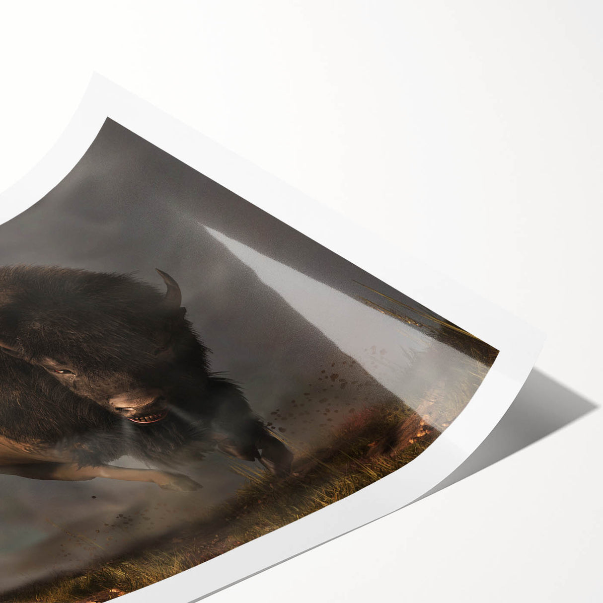 Buffalo wall art design showcasing a majestic bison against a natural landscape, printed on high-quality material, perfect for home decor enthusiasts.