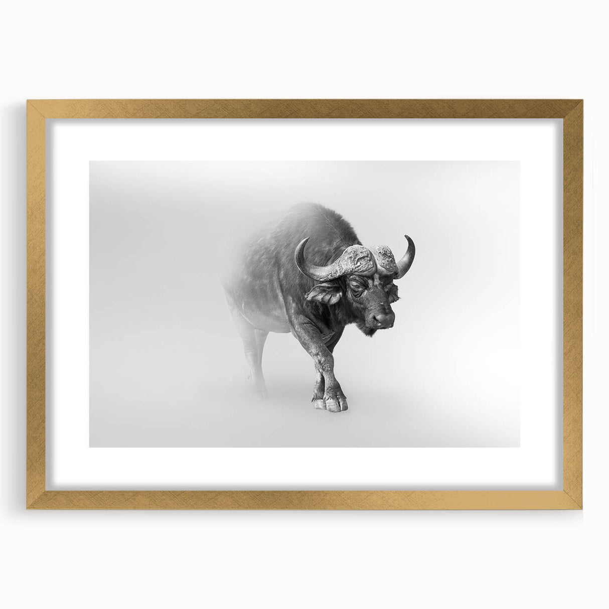 Framed wall art featuring a majestic buffalo design from the A Bisson collection, set in a gold frame with a mat, perfect for wildlife enthusiasts.