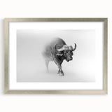 Framed wall art showcasing a detailed illustration of a bison, featuring a sleek silver frame and mat, perfect for wildlife enthusiasts and home decor.