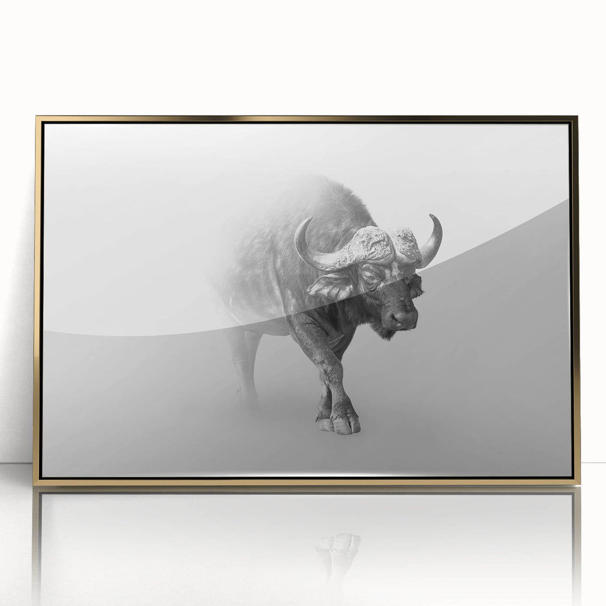 Framed wall art featuring a striking front view of a buffalo, designed with a gold acrylic finish, ideal for wildlife enthusiasts and modern decor. Perfect for adding a touch of nature-inspired elegance to any space.