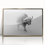 Framed wall art featuring a striking front view of a buffalo, designed with a gold acrylic finish, ideal for wildlife enthusiasts and modern decor. Perfect for adding a touch of nature-inspired elegance to any space.
