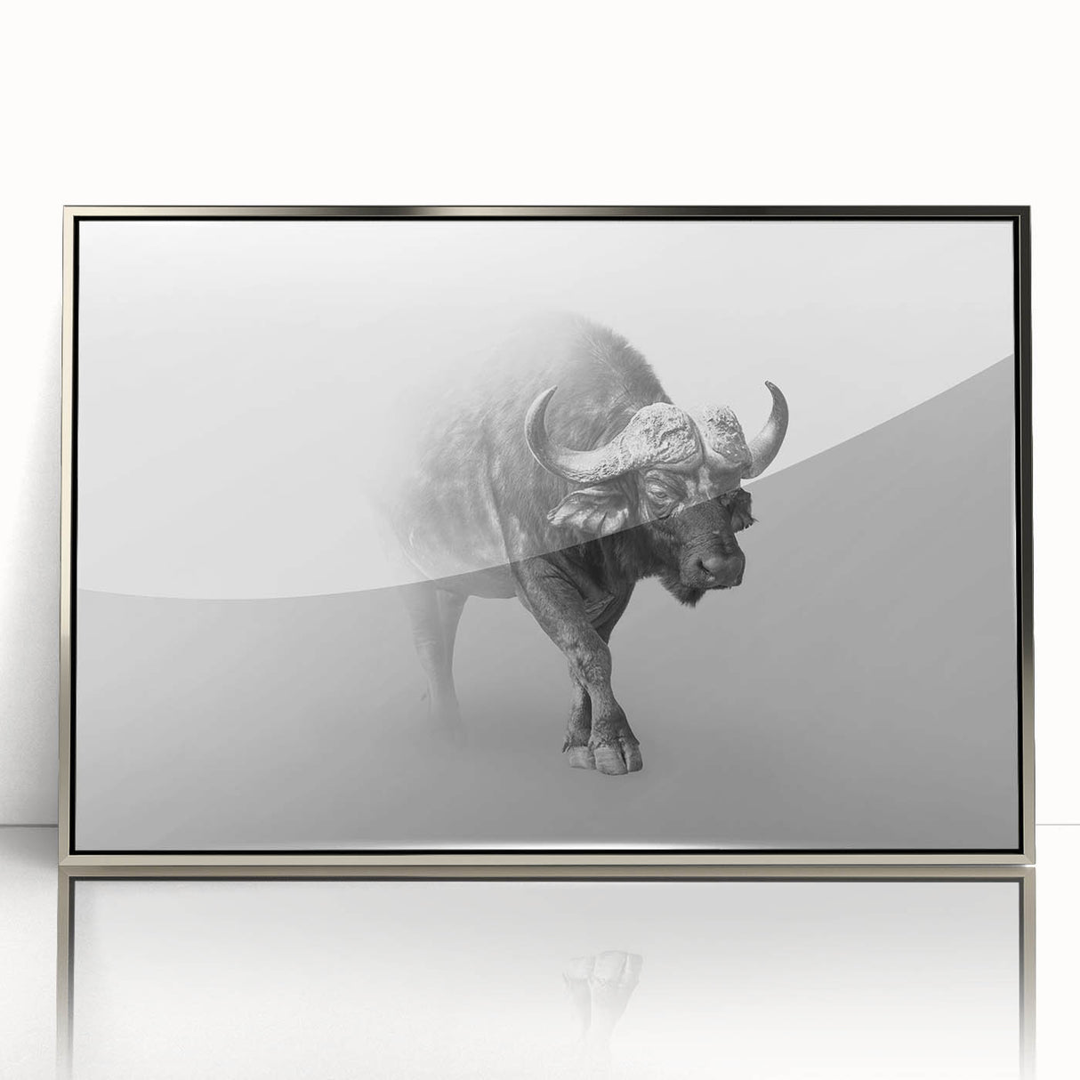 Framed acrylic wall art featuring a detailed silver front view of a bison, showcasing its majestic horns and textured fur, perfect for wildlife enthusiasts.