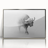 Framed acrylic wall art featuring a detailed silver front view of a bison, showcasing its majestic horns and textured fur, perfect for wildlife enthusiasts.