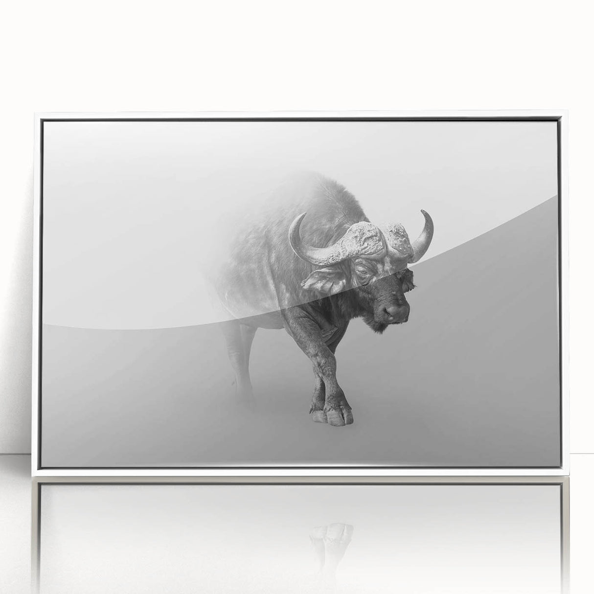 Framed wall art featuring a striking design of a buffalo, showcasing detailed textures and vibrant colors, perfect for enhancing home decor in a stylish setting.