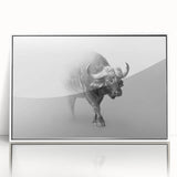 Framed wall art featuring a striking design of a buffalo, showcasing detailed textures and vibrant colors, perfect for enhancing home decor in a stylish setting.