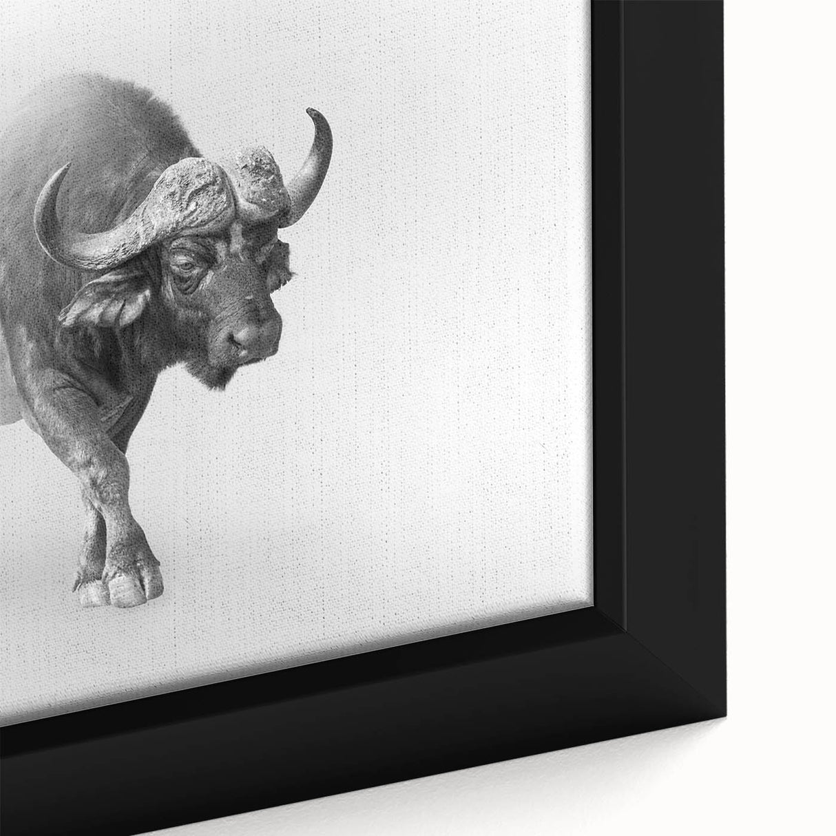 Close-up of a framed canvas featuring a striking bison design from the 'Animals of the Wild' collection, showcasing intricate details and rich colors, perfect for nature-inspired home decor.