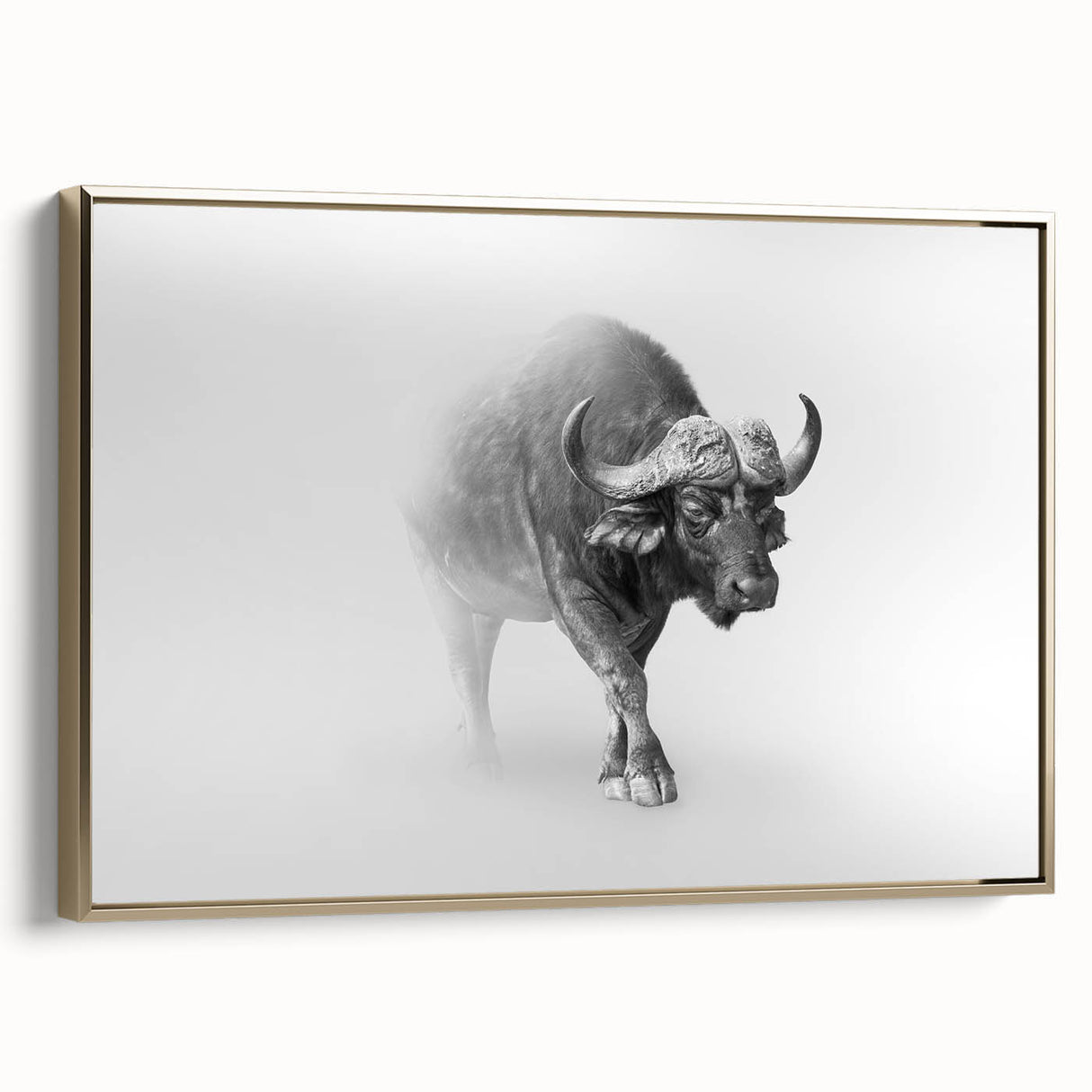 Framed canvas wall art showcasing a majestic buffalo in a gold-toned design, highlighting its intricate details and textured surface, perfect for wildlife enthusiasts.