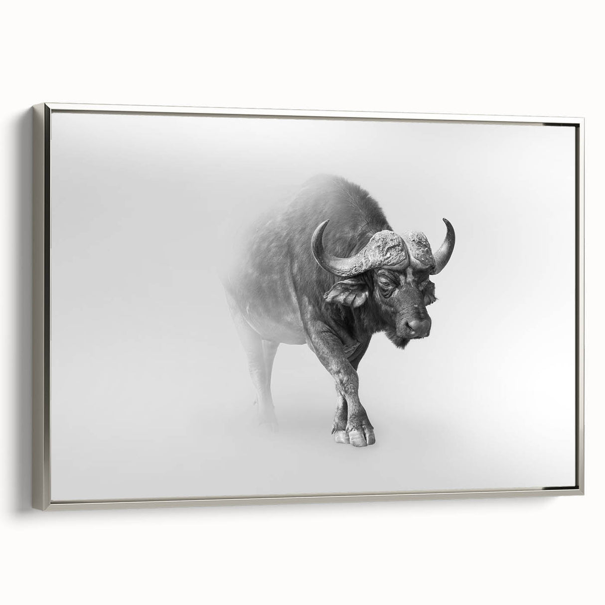 Framed canvas wall art featuring a majestic buffalo design, showcasing intricate details and textures in silver tones, perfect for enhancing any wildlife-themed decor.