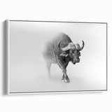 Framed canvas wall art featuring a side view of a majestic buffalo, showcasing intricate details and textures against a white background, ideal for wildlife enthusiasts.
